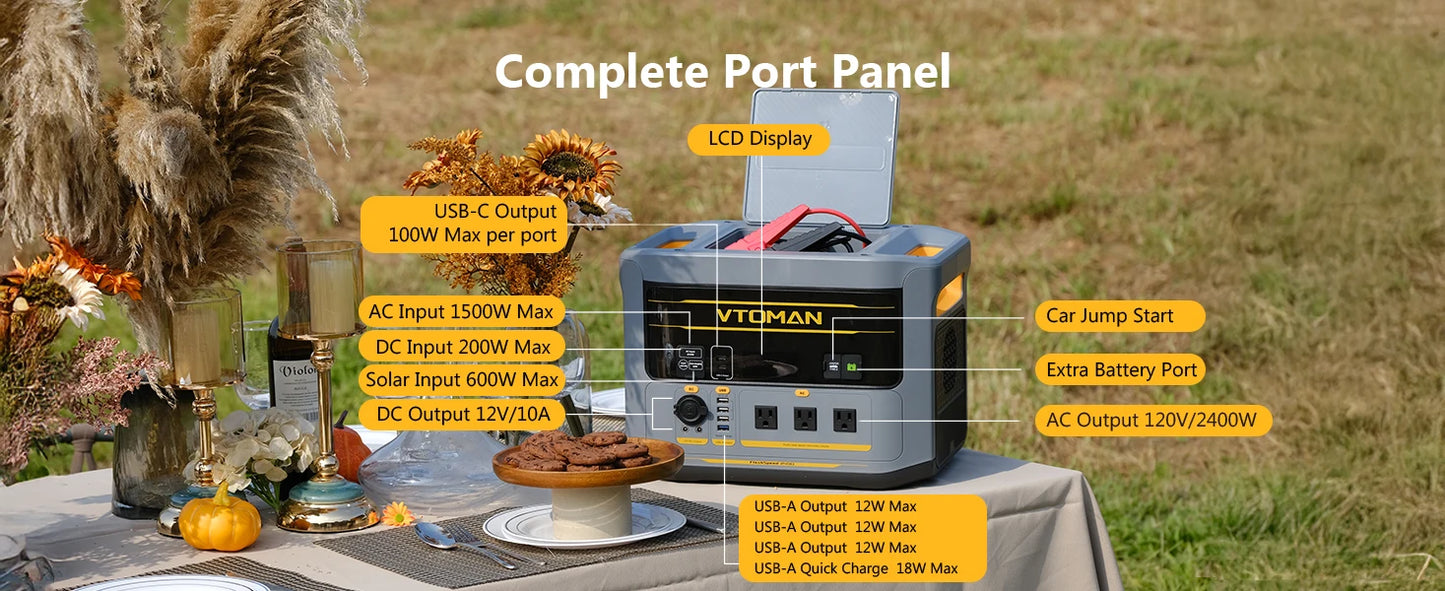 VTOMAN FlashSpeed 2400 Portable Power Station 2400W 1408Wh LiFePO4 Battery UPS Uninterruptible Power Supply,Max 600W Solar Input, Expandable to 2688Wh, 12 Devices Output, Car Jump Starter for Camping Home Emergency Backup Pow