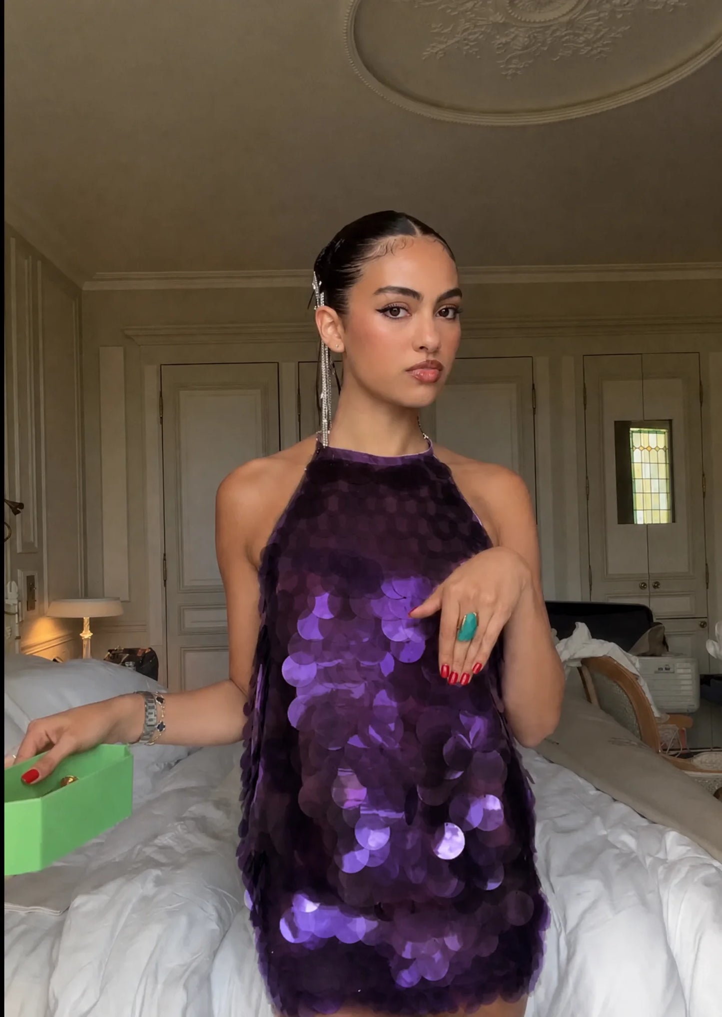 Women's 2026 Light Blue Halter Sequin Dress Sleeveless Loose Large Sequin A-Line Mini Dress Summer Evening Party Shining Gown