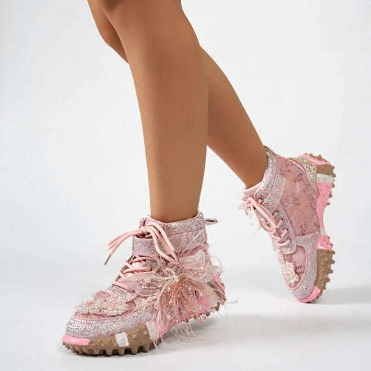 Womens Luxury High-top Sneakers Fashion Designer Rhinestone Ladies Shoes Outdoor Platform Female Anti Slip Sports Running Shoes