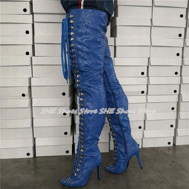 Fashion Rivets Design Women Over-The-Knee Boots Pointed Toe High Heel Trouser Lace-Up Boots Lady Party Dress Long Boots