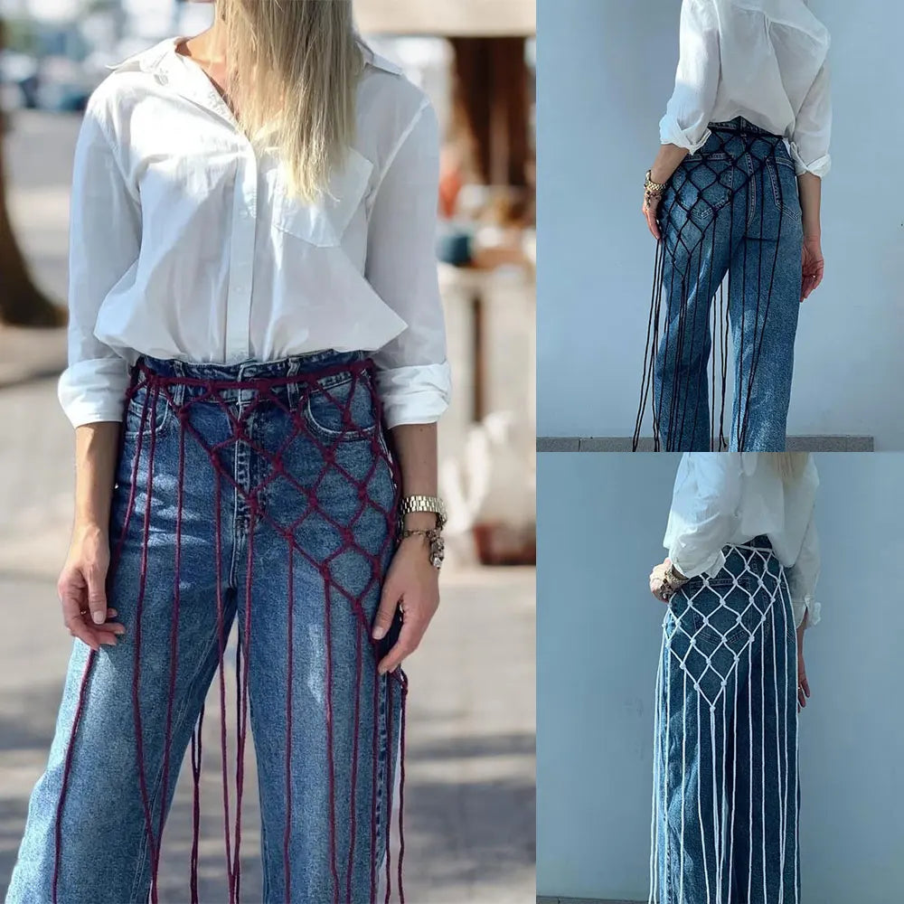 Bohemian Bikini Cover Up Skirt Netted Fringe Scarf Shawl Decorative Tassel Ethnic Handwoven Mesh Tassel Waistband Butt Curtain