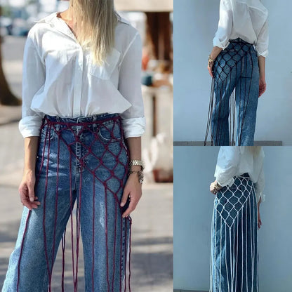 Bohemian Bikini Cover Up Skirt Netted Fringe Scarf Shawl Decorative Tassel Ethnic Handwoven Mesh Tassel Waistband Butt Curtain