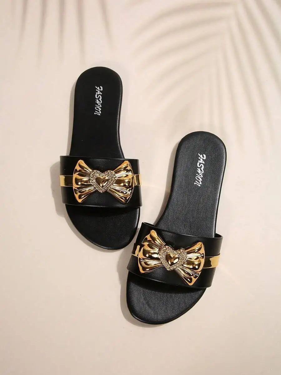 Women's Shoes New Fashion Slippers with Bow Buckle Versatile Solid Color Decorative Round-Toe Flat Sandals
