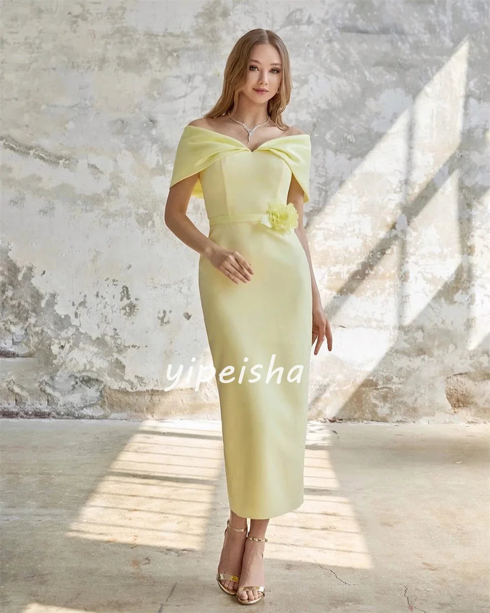 Customized Jersey Flower Ruched Evening A-line Off-the-shoulder Bespoke Occasion Gown Midi Dresses