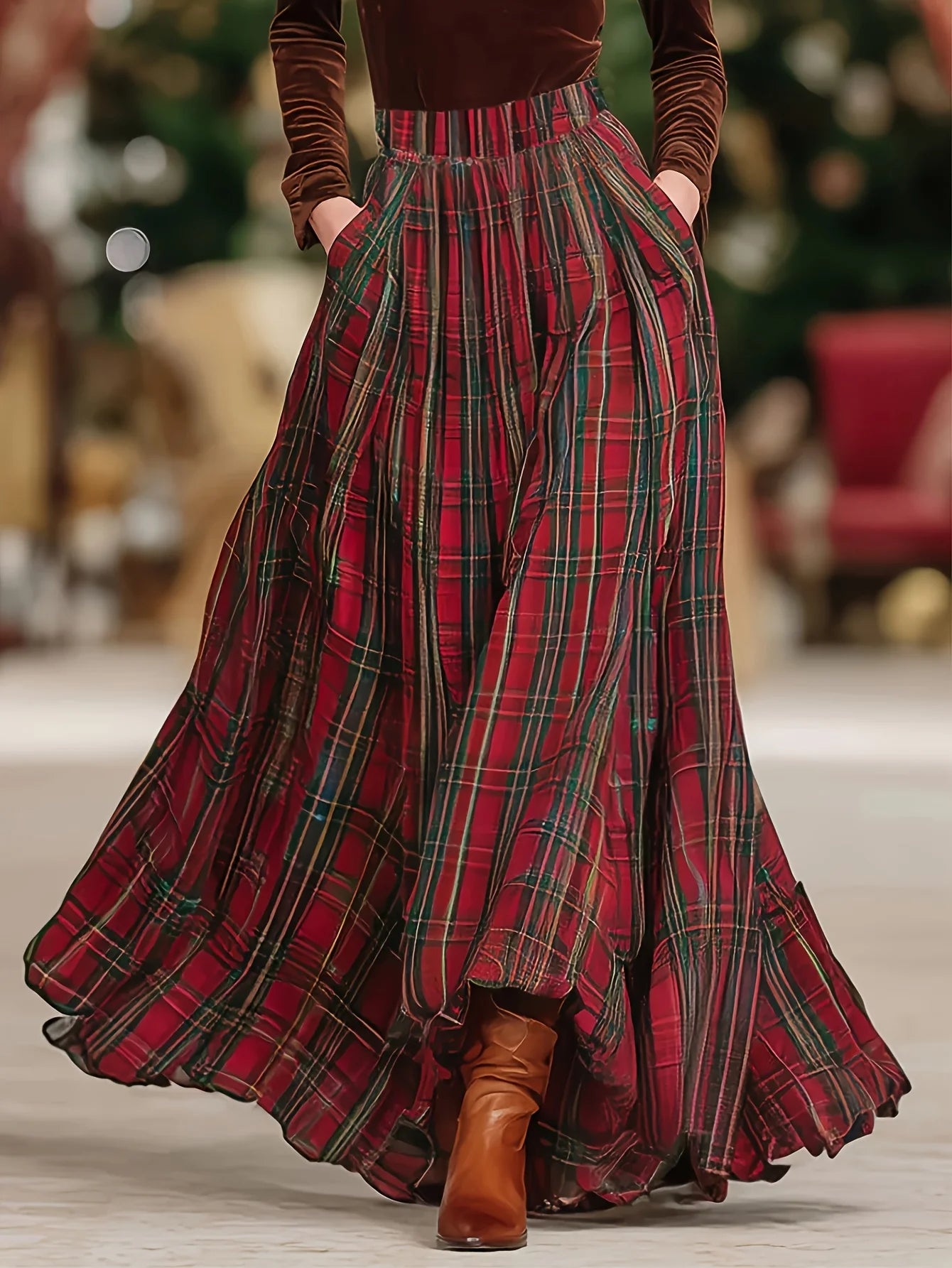 Plus-Size Women's Elegant Retro Plaid Patterned Skirt with Elastic Waist, Belt-Free, Suitable for All Seasons, Perfect for Everyday Wear and Commuting.