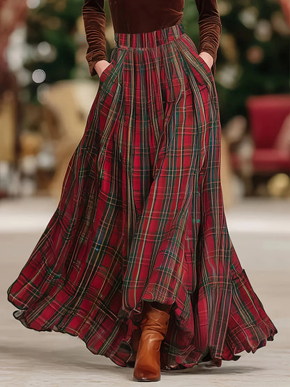 Plus-Size Women's Elegant Retro Plaid Patterned Skirt with Elastic Waist, Belt-Free, Suitable for All Seasons, Perfect for Everyday Wear and Commuting.
