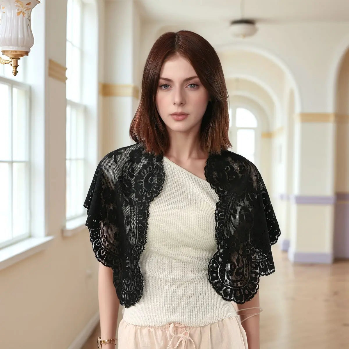 Women'S Lace Triangular Shawl, Breathable Floral Hollow Out Outerwear, French Retro Scarf, Commute Wedding All-Match