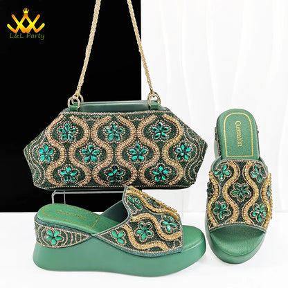 Purple Color High Quality Elegant Retro Design Nigerian Women Ladies Shoes and Bag Set with Platform Comfortable Slipper