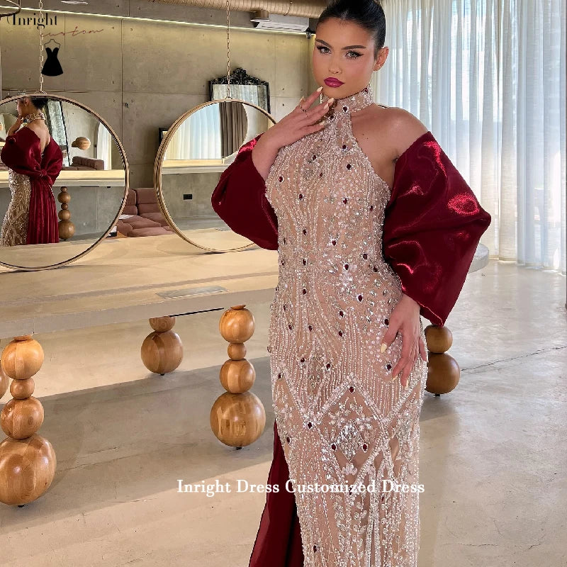 Inright Customized Sparkling Crystal-Embellished Halter-Neck Sheath Evening Dresses Burgundy Cape Train and Bow Back Train