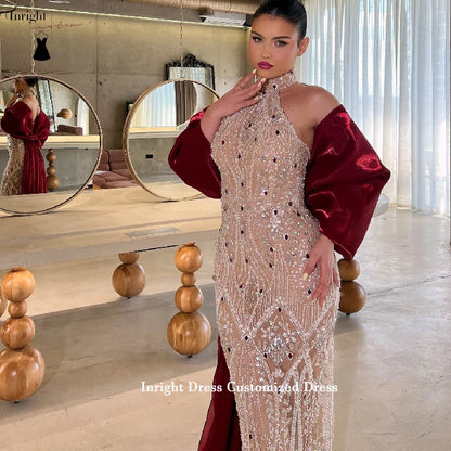 Inright Customized Sparkling Crystal-Embellished Halter-Neck Sheath Evening Dresses Burgundy Cape Train and Bow Back Train