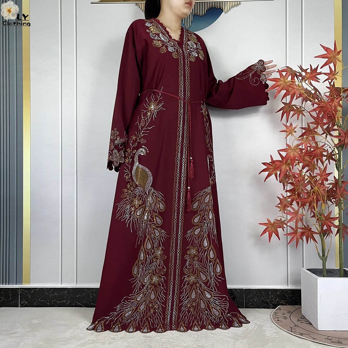 New Style Fashion Dubai Muslim Women Dress Elegant Arabic Femme Hijab Long Sleeve Chiffon Diamond Abaya Islamic Turkey Clothing