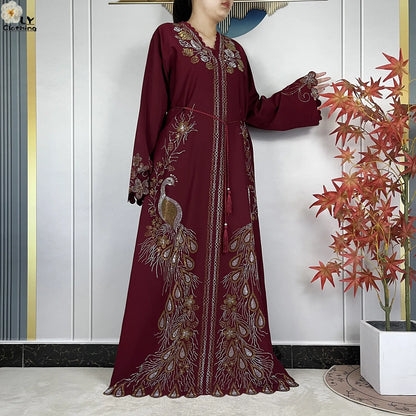 New Style Fashion Dubai Muslim Women Dress Elegant Arabic Femme Hijab Long Sleeve Chiffon Diamond Abaya Islamic Turkey Clothing