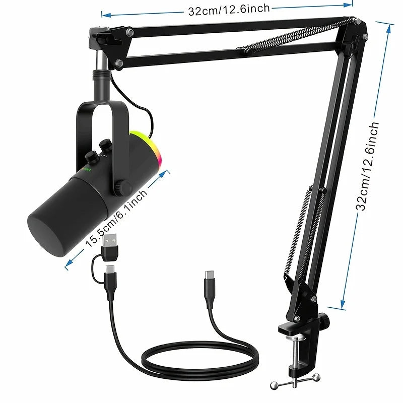 XLR/USB Gaming Microphone Kit: Dynamic PC Mic for Streaming Podcasting, Software Support, Mute Button, RGB Computer Mic