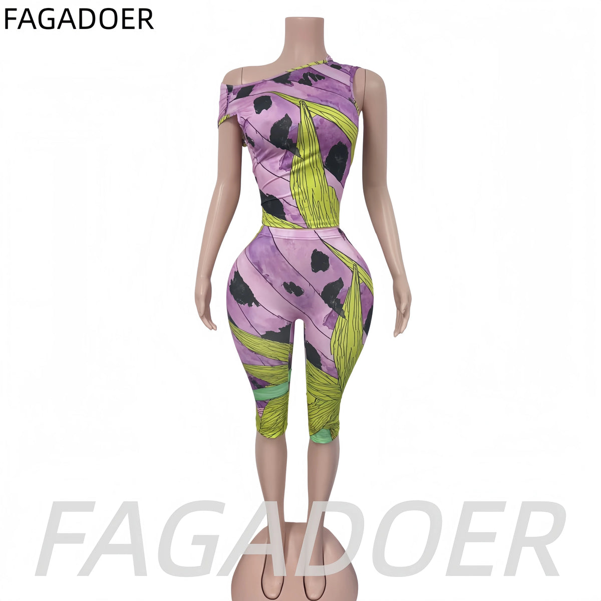 FAGADOER Women's Vintage Print 2 Piece Set Asymmetrical Neck Off Shoulder Top and Capri Pants Casual Y2K Streetwear Party Outfit