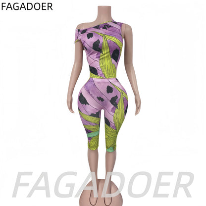FAGADOER Women's Vintage Print 2 Piece Set Asymmetrical Neck Off Shoulder Top and Capri Pants Casual Y2K Streetwear Party Outfit