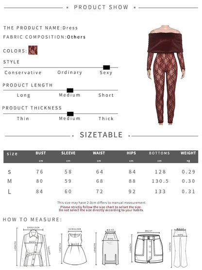 Sisterlinda Sexy Furry Patchwork Jumpsuits Women Coquette See Through Jacquard Slash Neck Full Sleeve Skinny Chic Party Clubwear