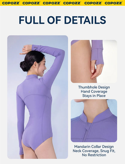 COPOZZ High Neck Swimsuit Women UPF50 Long Sleeve One Piece Rash Guard Swimming Bath Suit Beach Swimwear Female Surfing Bodysuit