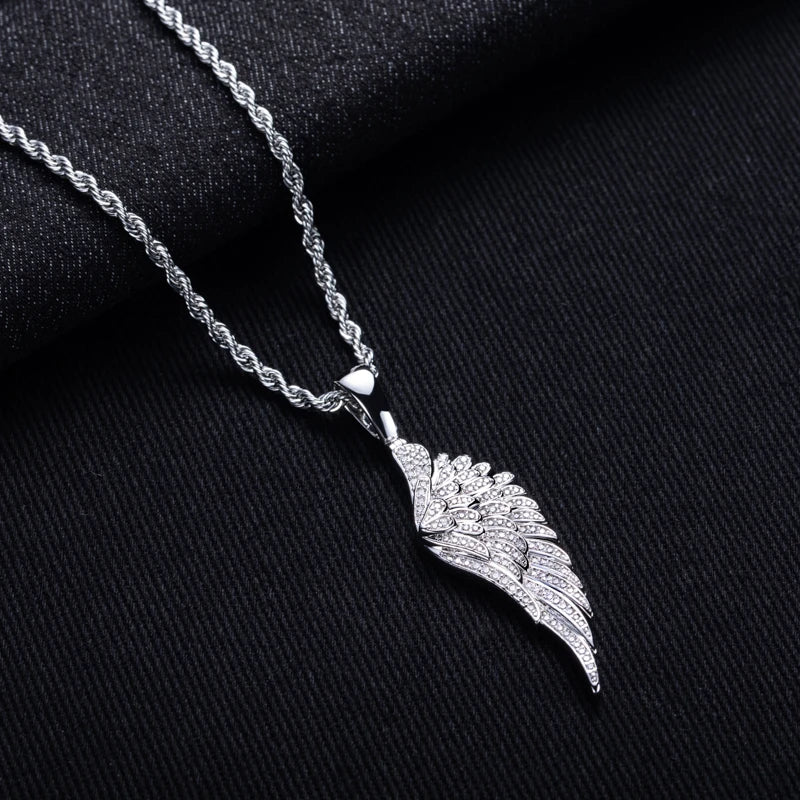 MossanRappr Sparkling Moissanite Iced Out Angel Wing Pendant 14K Gold Plated Trendy Hip Hop Necklace Jewelry Gifts for Men Women