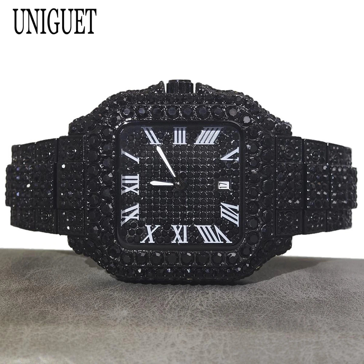 Cool Black Iced Watch For Man Fashion Brand UNIGUET Hip Hop Diamond Bling Bling Jewelry Square Wrist Watch Mens Dropshipping