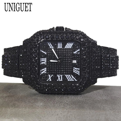 Cool Black Iced Watch For Man Fashion Brand UNIGUET Hip Hop Diamond Bling Bling Jewelry Square Wrist Watch Mens Dropshipping