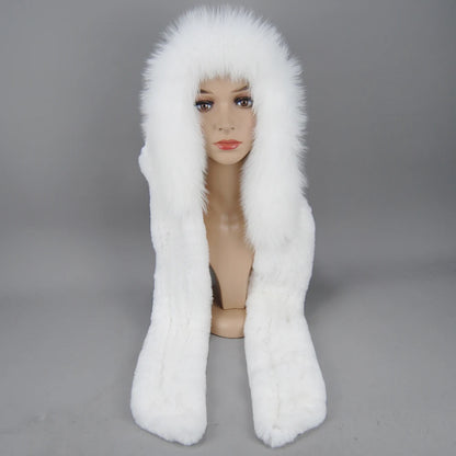 Lady Warm Fluffy Real Rex Rabbit Fur Hat Scarf Luxury Knit Fur Caps Muffler Winter Thick Women 100% Natural Fox Fur Hat Scarves