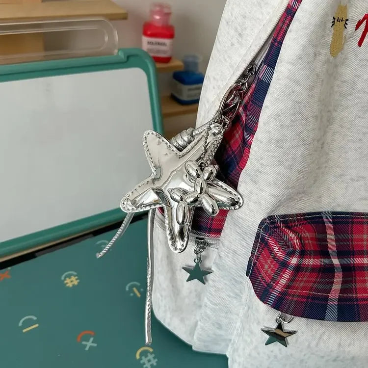 Preppy Style Blue Backpack for Girls, Plaid Spliced School Bag, Cute Nylon Daypack Star Pendant, Large Capacity Student Rucksack