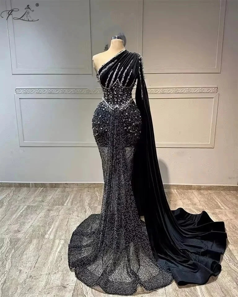 One-Shoulder Crystal Evening Dress Black Velvet Train Tulle Gown Mermaid Dress Cocktail Dress Women'S Party Dress Customizable