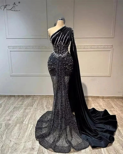 One-Shoulder Crystal Evening Dress Black Velvet Train Tulle Gown Mermaid Dress Cocktail Dress Women'S Party Dress Customizable