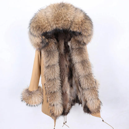 Maomaokong 2026 New Natural Fur Lining Real Fur Coat Winter Jacket Women Raccoon Fur Collar Warm Thick Parkas Female Clothing