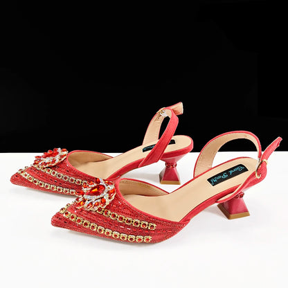 Queena Yan 2025 Italian Style Pointed Toe Rhinestone High Heels and Gold Wedge Bag Set - Elegant Ladies Party Women Shoes Heel