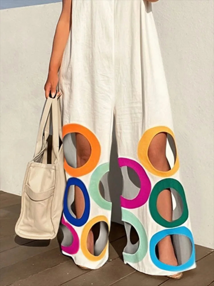 Yeezzi Women Fashion Rainbow Hollow Wide Leg Jumpsuits 2026 New Summer Sleeveless Loose Urban Office Overalls With Shoulder Pad