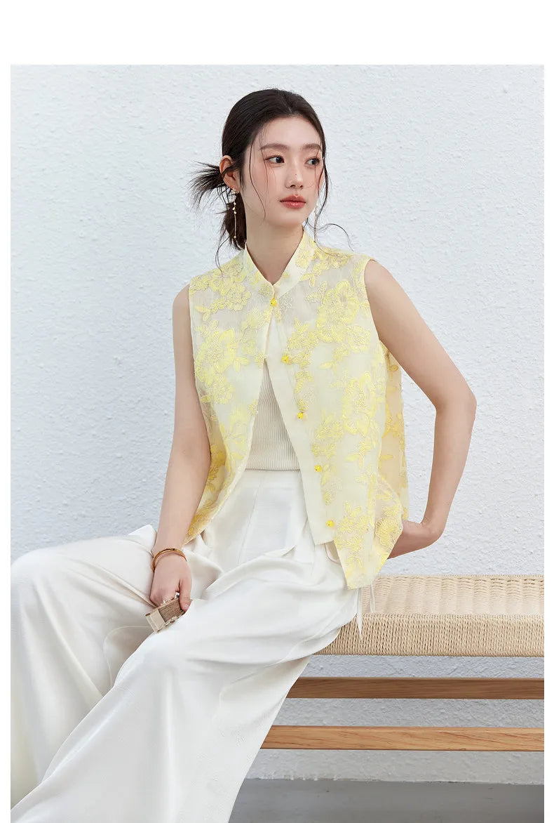 VIMLY Women's Vest 2026 Summer Casual Yellow Floral Embroidery Stand Collar New Chinese Style Sleeveless Jacket Ladies A5251