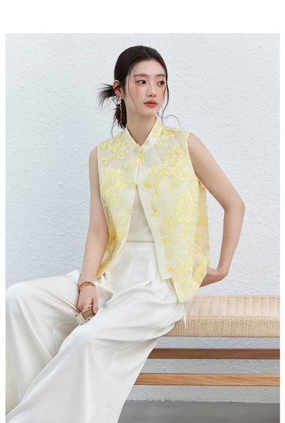 VIMLY Women's Vest 2026 Summer Casual Yellow Floral Embroidery Stand Collar New Chinese Style Sleeveless Jacket Ladies A5251