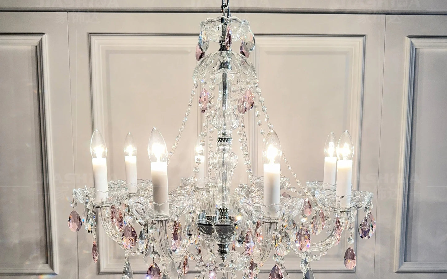 French Romantic Crysatl Candle Chandelier Luxury Glass Pink E14 Pendant Lights Living Room Art Decor Led Lamparas Bedroom Lamp
