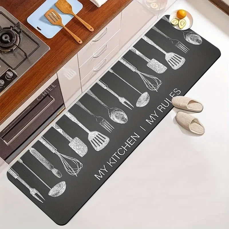 "My Kitchen My Rules" Kitchen Utensil Print Mat, Non-Slip Soft Absorbent Long Floor Rug for Cooking Lovers Home Decor