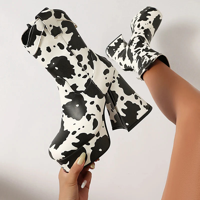 Microfiber Cow Pattern Slip On Short Boots Ultra-High Shaped Tapered Thick Heel Platform Denim Material Ankle Boots