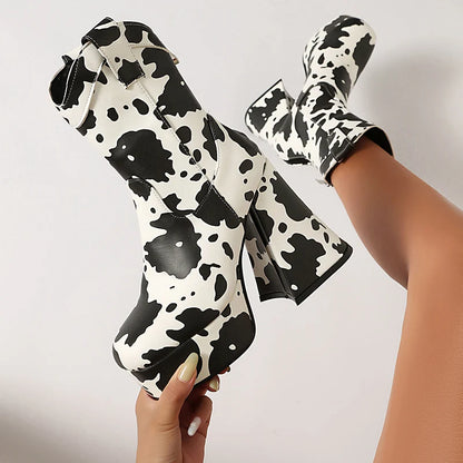 Microfiber Cow Pattern Slip On Short Boots Ultra-High Shaped Tapered Thick Heel Platform Denim Material Ankle Boots