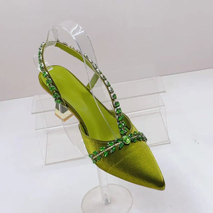 Insightlink Olive Green Rhinestone Chain Pointed Toe Heels Sparkly Crystal Ankle Strap Pumps Luxury Wedding Evening Shoes
