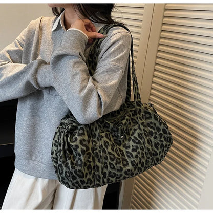 Trendy Leopard Print Canvas Shoulder Bag Large Capacity Fashion Tote Handle Bag for Daily Commute Versatile Texture Storage Bags