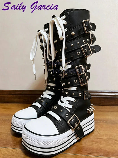 Festival Rave Orange Platform Boots Punk Rivet Buckle Straps Knee High Boots 2026 Fashion Thick Sole Women Shoes Party Footwear