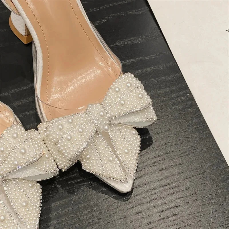 Elegant Women High Heel Sandal Fashion Imitation Pearl Bow High Heels for Woman Luxury Pointed Tip Wedding Shoes Sandalias Mujer