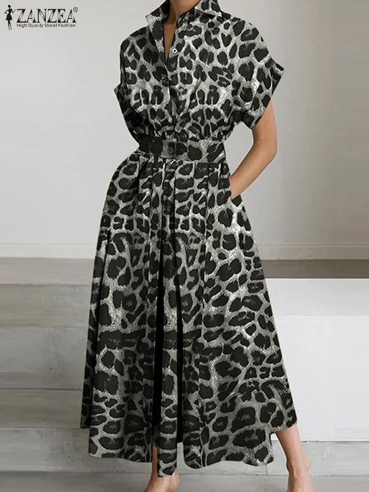 2025 Summer Leopard Print Dresses ZANZEA Women Maxi Long Dress Lapel Neck Short Sleeve Work Vestidos Robe Officewear Sundress