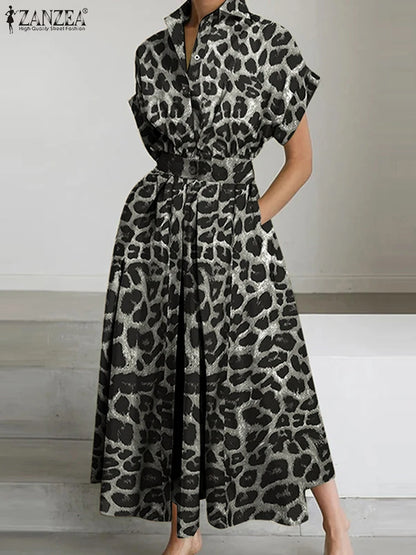 2025 Summer Leopard Print Dresses ZANZEA Women Maxi Long Dress Lapel Neck Short Sleeve Work Vestidos Robe Officewear Sundress