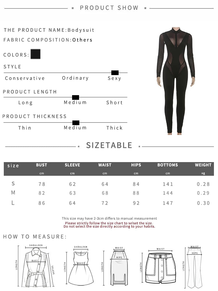 Kliou Sexy Fashion Jumpsuits Woman Mesh Patchwork Zip Turtleneck Full Sleeve Skinny Stretch Midnight Club Party Hipster Overalls