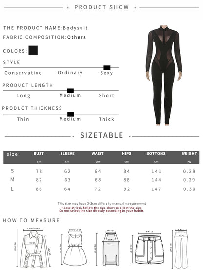 Kliou Sexy Fashion Jumpsuits Woman Mesh Patchwork Zip Turtleneck Full Sleeve Skinny Stretch Midnight Club Party Hipster Overalls
