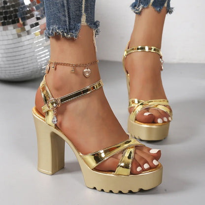 Summer Luxury Diamond Buckle Strap Women's Pumps Square Heel Solid Pumps Shoes Women Fashion Pu Platform High Heels Female