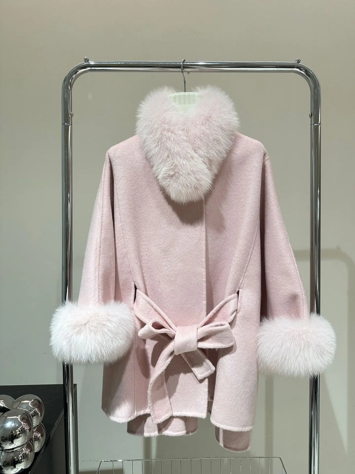 Real Fox Fur Overcoat Bat Sleeves Collar Woolen Coat Luxury Cashmere Poncho Blend Women Autumn Winter New Long Ribbon Cloak