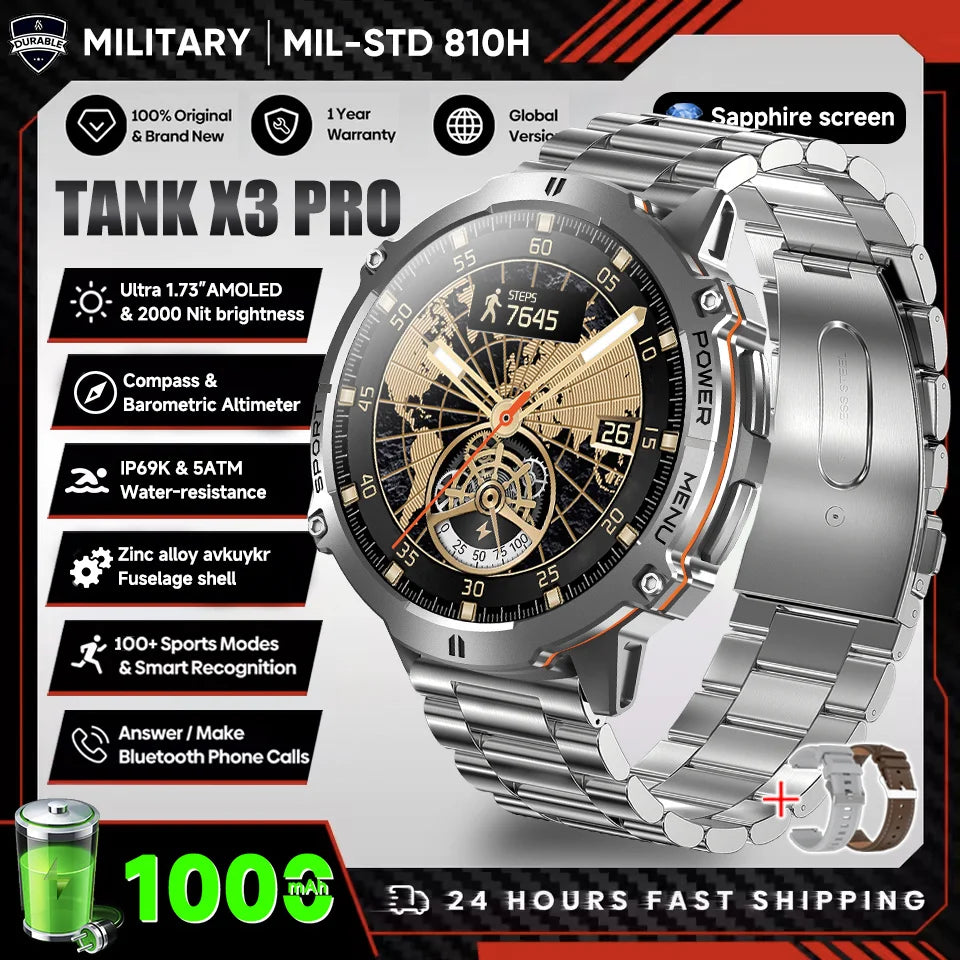 2026 New Military TANK X3 1000mAh Battery Smart Watch Men 10ATM Waterproof Swim GPS Path 1.75" AMOLED HD Call Sports Smartwatch