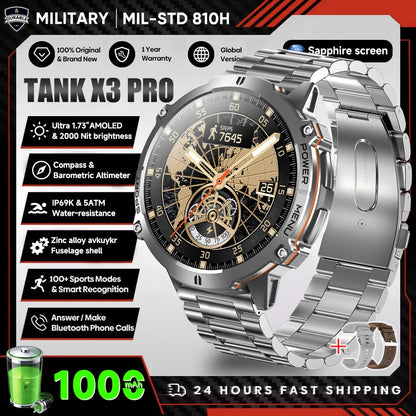 2026 New Military TANK X3 1000mAh Battery Smart Watch Men 10ATM Waterproof Swim GPS Path 1.75" AMOLED HD Call Sports Smartwatch
