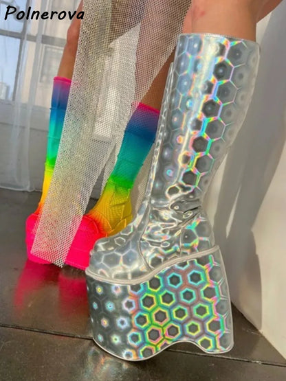 Double Platform Knee High Boots Rainbow Patchwork Round Toe Thick Soled Women's Shoes Women's Fashion Sexy Leather Winter Boots
